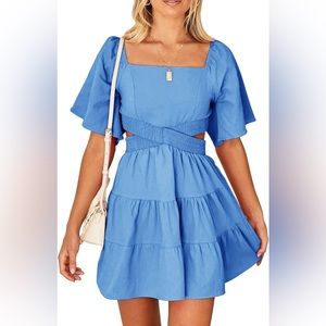 Women's Dress Square Neck Short Sleeves Crossover Waist Casual Party Mini Dress